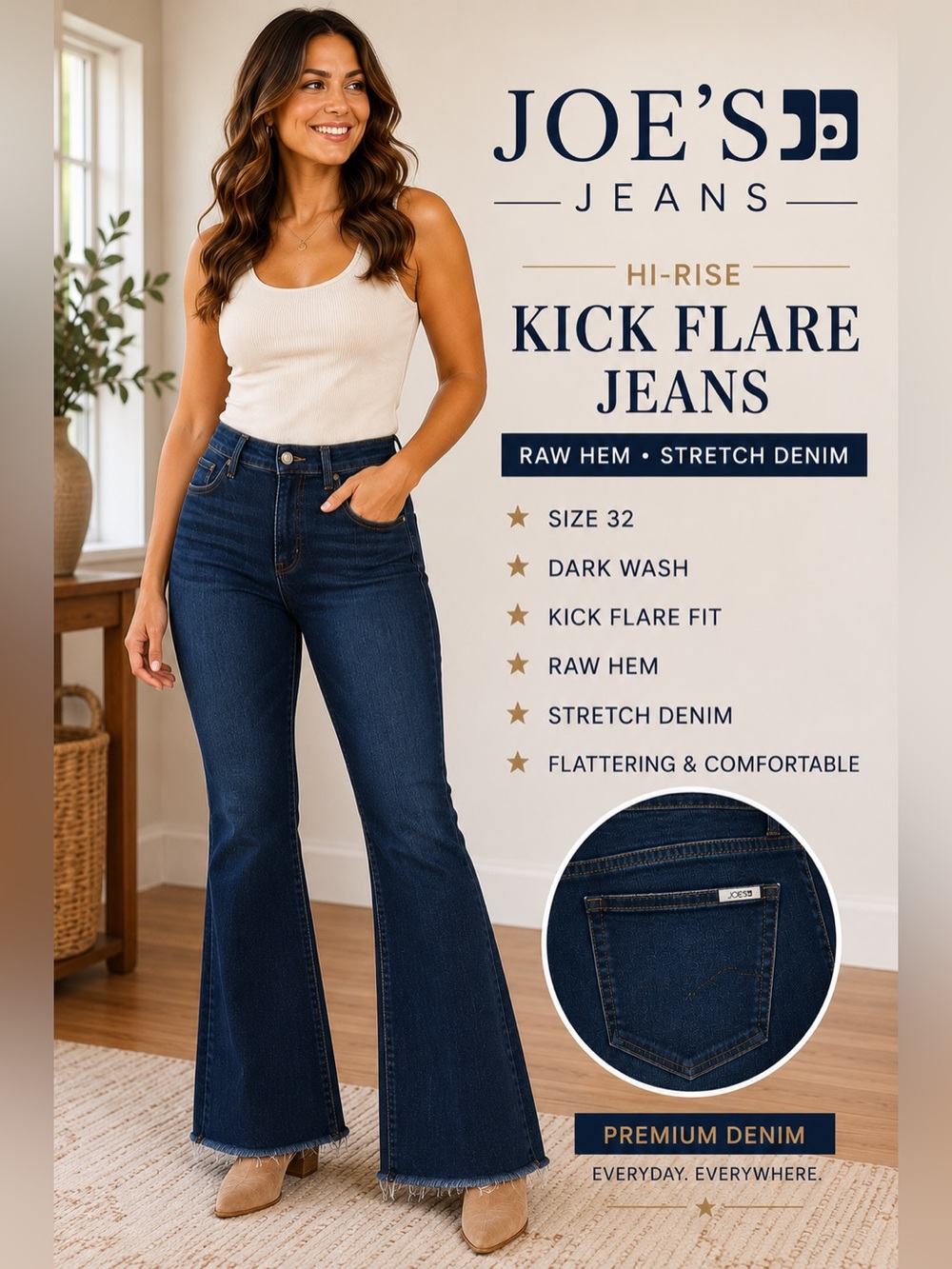 Joe’s Jeans High Rise Kick Flare Jeans Size 32 Dark Wash Raw Hem Stretch Denim